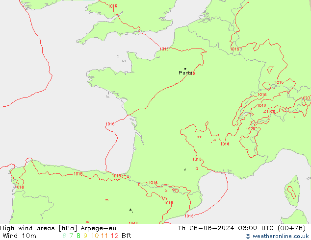 High wind areas Arpege-eu gio 06.06.2024 06 UTC