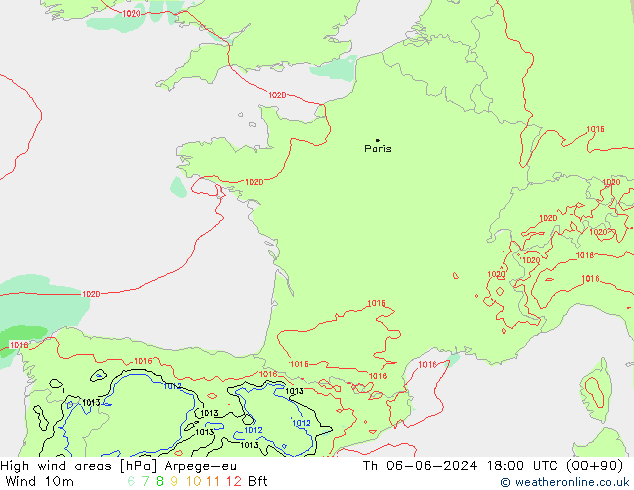 High wind areas Arpege-eu Čt 06.06.2024 18 UTC