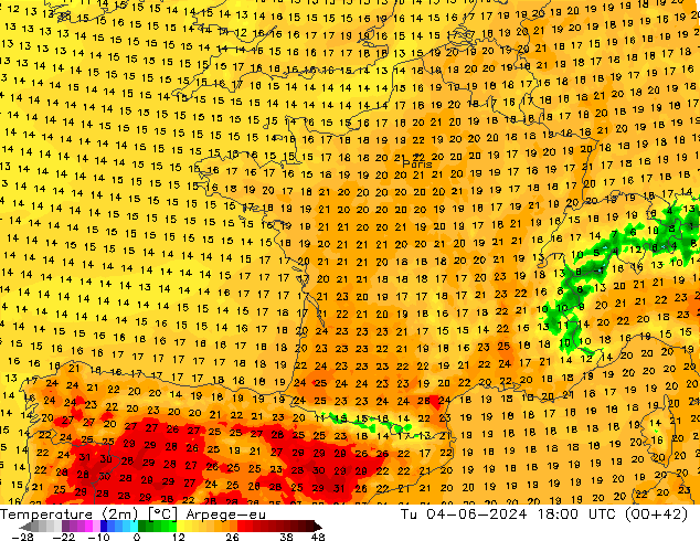 Temperaturkarte (2m) Arpege-eu Di 04.06.2024 18 UTC