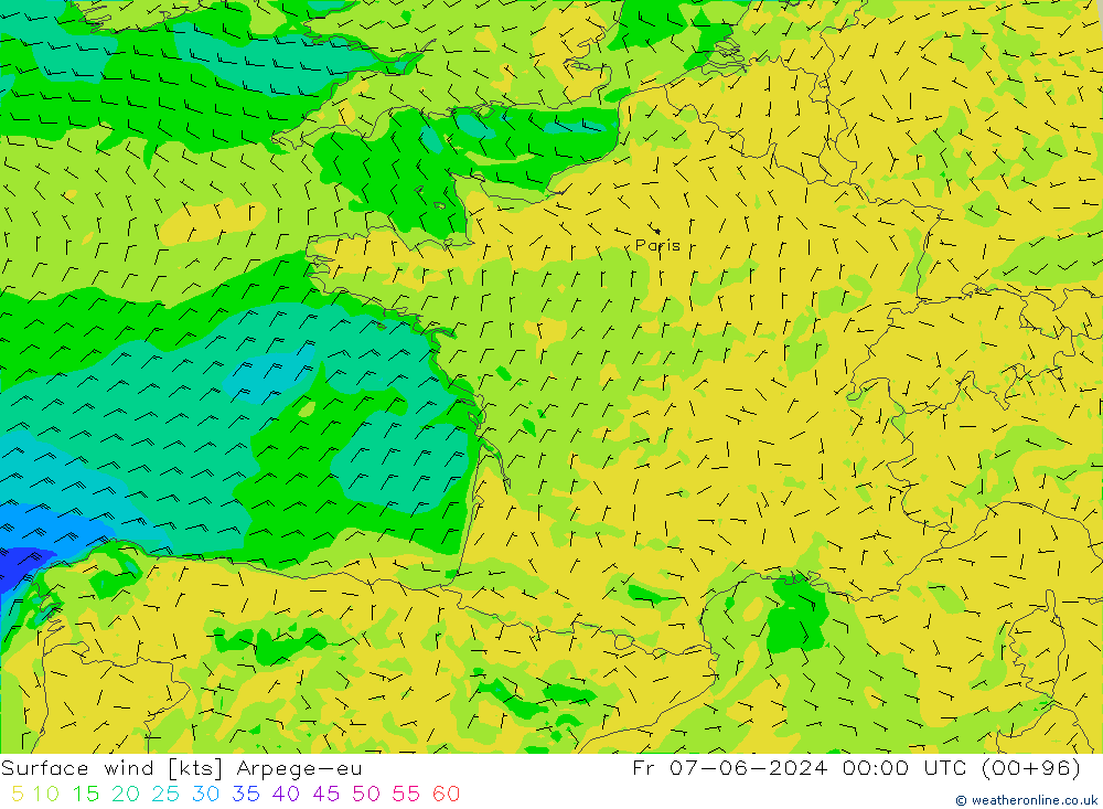 Surface wind Arpege-eu Fr 07.06.2024 00 UTC