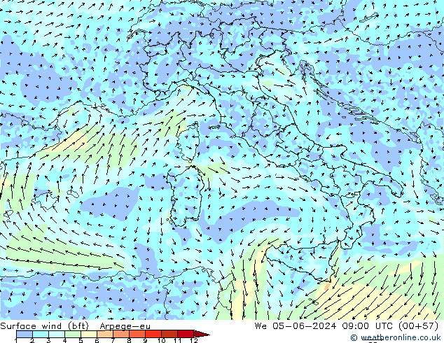 Vento 10 m (bft) Arpege-eu Qua 05.06.2024 09 UTC