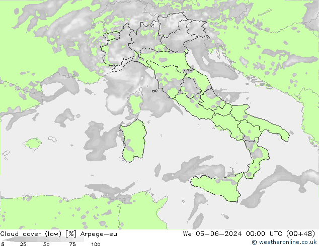 Cloud cover (low) Arpege-eu We 05.06.2024 00 UTC
