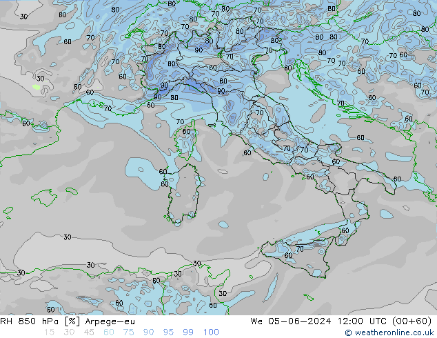 RH 850 hPa Arpege-eu mer 05.06.2024 12 UTC