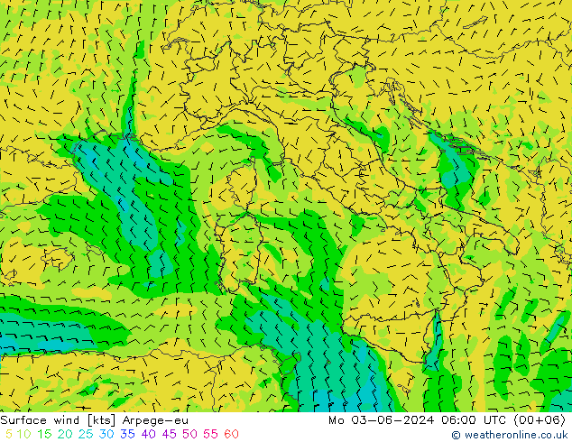 Surface wind Arpege-eu Mo 03.06.2024 06 UTC