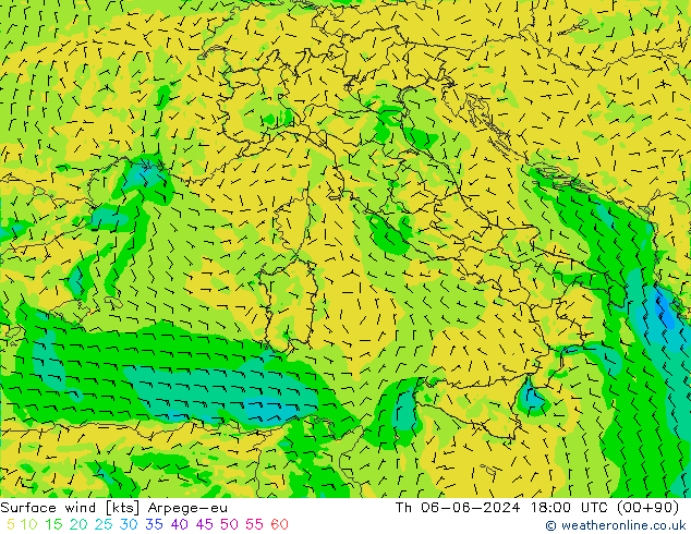 Vento 10 m Arpege-eu Qui 06.06.2024 18 UTC