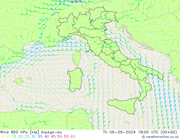 Vento 850 hPa Arpege-eu gio 06.06.2024 18 UTC