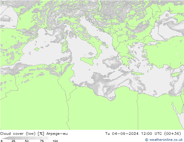 Cloud cover (low) Arpege-eu Tu 04.06.2024 12 UTC