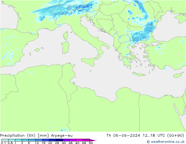 Totale neerslag (6h) Arpege-eu do 06.06.2024 18 UTC