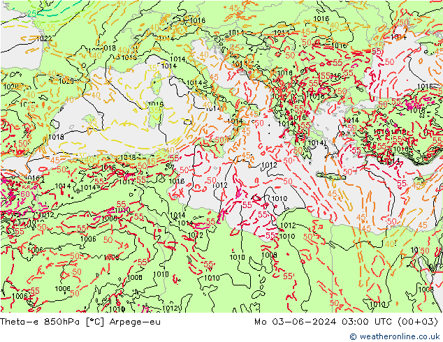 Theta-e 850hPa Arpege-eu Mo 03.06.2024 03 UTC