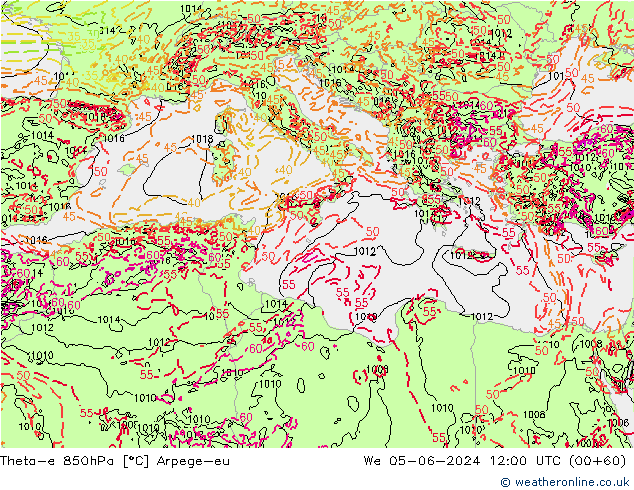 Theta-e 850hPa Arpege-eu We 05.06.2024 12 UTC