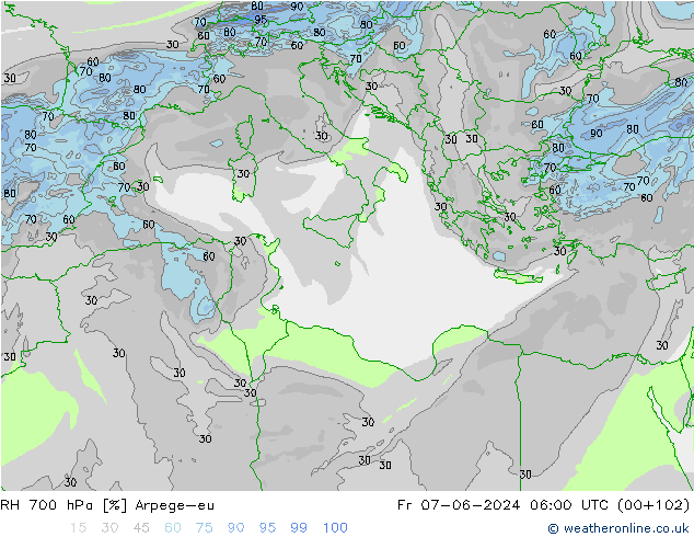 RH 700 hPa Arpege-eu ven 07.06.2024 06 UTC