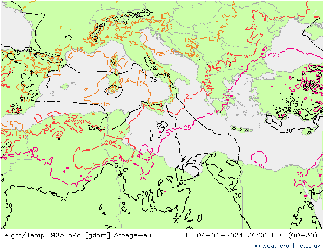 Height/Temp. 925 hPa Arpege-eu Tu 04.06.2024 06 UTC
