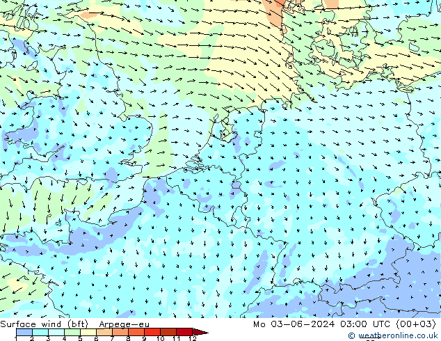Surface wind (bft) Arpege-eu Po 03.06.2024 03 UTC