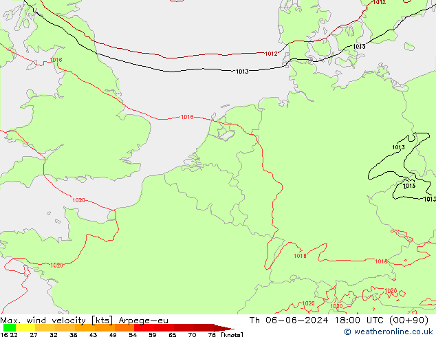 Max. wind velocity Arpege-eu Th 06.06.2024 18 UTC