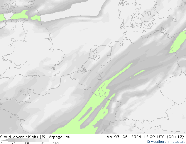 Cloud cover (high) Arpege-eu Mo 03.06.2024 12 UTC