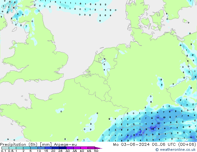 Precipitation (6h) Arpege-eu Mo 03.06.2024 06 UTC