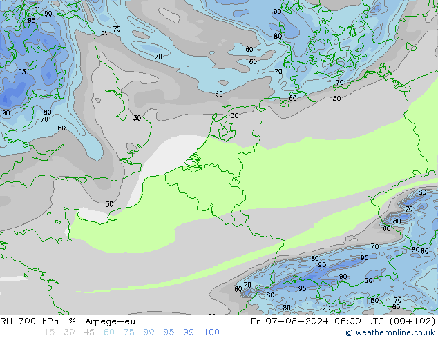 RH 700 hPa Arpege-eu Fr 07.06.2024 06 UTC