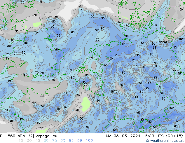 Humidité rel. 850 hPa Arpege-eu lun 03.06.2024 18 UTC