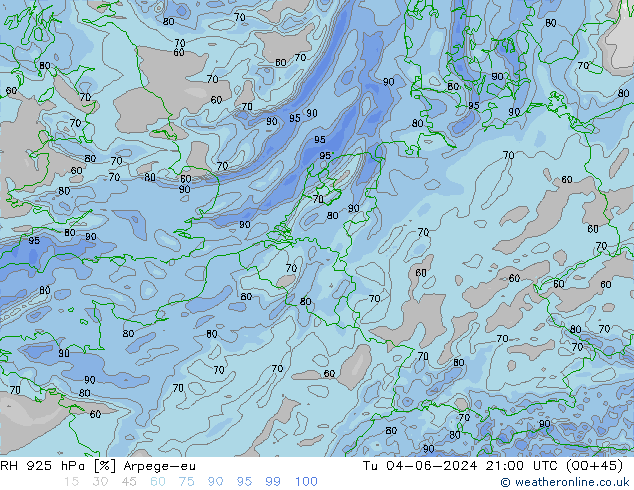 Humidité rel. 925 hPa Arpege-eu mar 04.06.2024 21 UTC