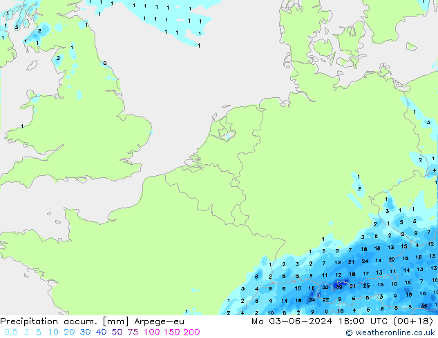 Totale neerslag Arpege-eu ma 03.06.2024 18 UTC