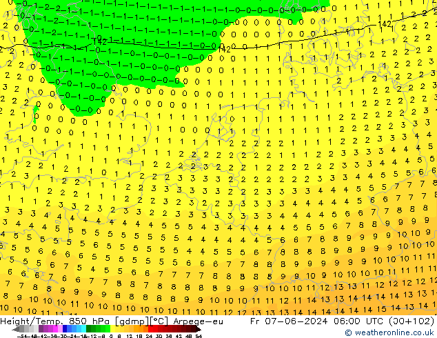 Height/Temp. 850 hPa Arpege-eu Pá 07.06.2024 06 UTC