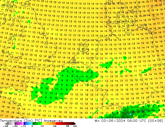 карта температуры Arpege-eu пн 03.06.2024 06 UTC