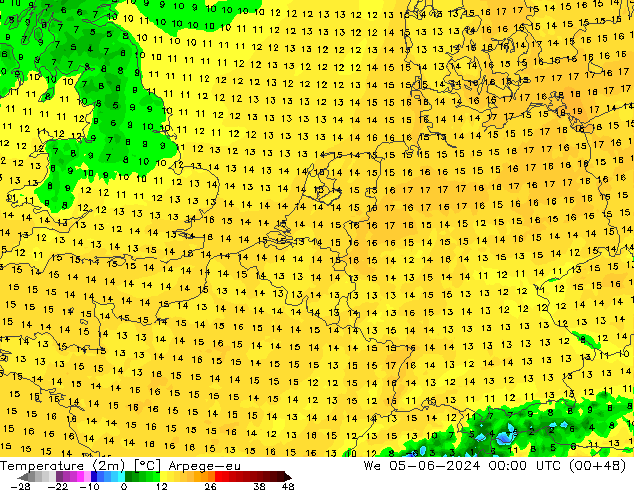 Temperatura (2m) Arpege-eu Qua 05.06.2024 00 UTC