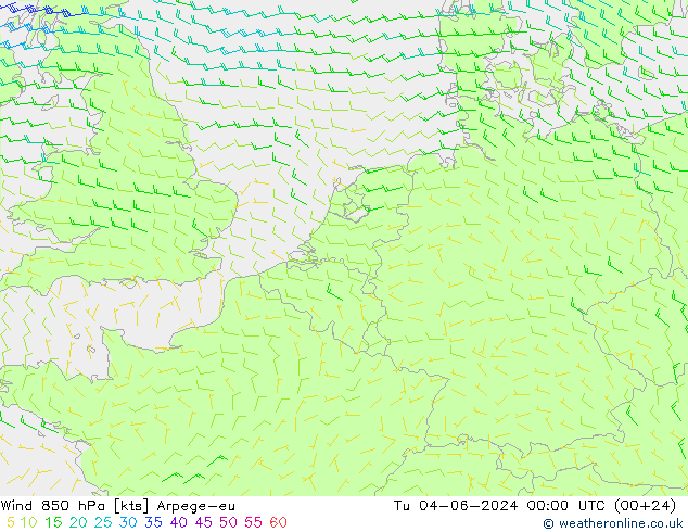 wiatr 850 hPa Arpege-eu wto. 04.06.2024 00 UTC