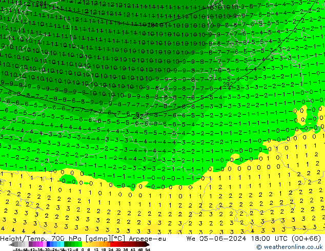 Height/Temp. 700 hPa Arpege-eu St 05.06.2024 18 UTC