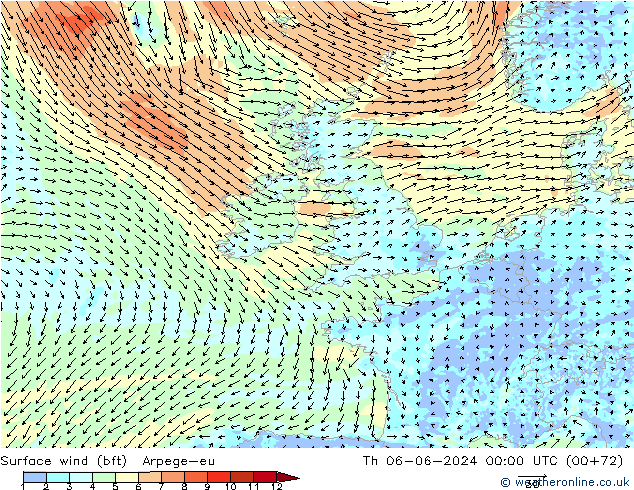 Surface wind (bft) Arpege-eu Čt 06.06.2024 00 UTC