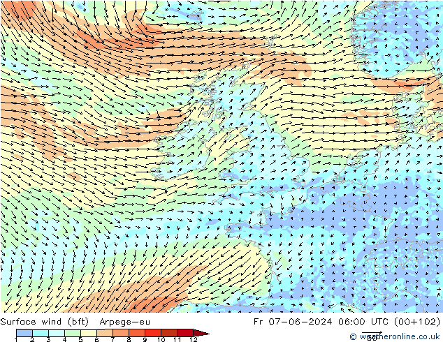 Surface wind (bft) Arpege-eu Fr 07.06.2024 06 UTC