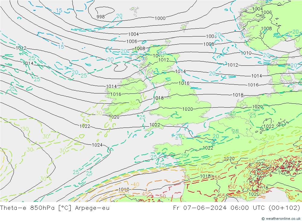 Theta-e 850hPa Arpege-eu Pá 07.06.2024 06 UTC