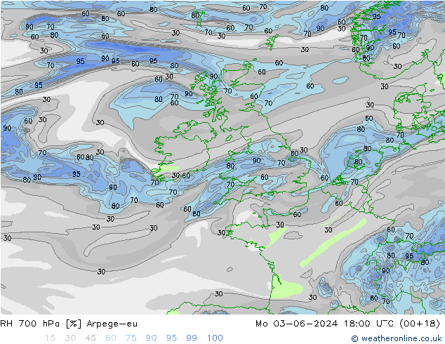 Humidité rel. 700 hPa Arpege-eu lun 03.06.2024 18 UTC