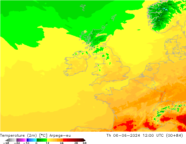 Temperatuurkaart (2m) Arpege-eu do 06.06.2024 12 UTC