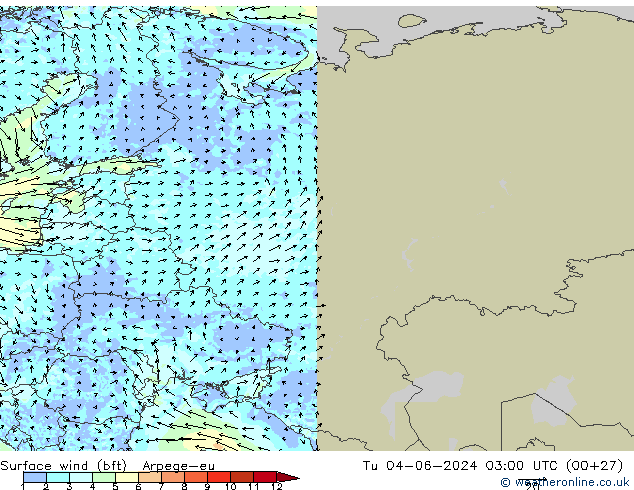 Surface wind (bft) Arpege-eu Út 04.06.2024 03 UTC