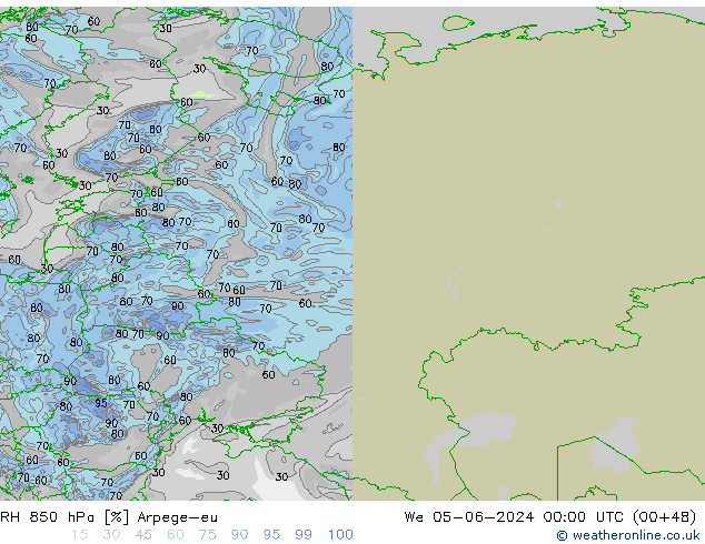 RH 850 гПа Arpege-eu ср 05.06.2024 00 UTC