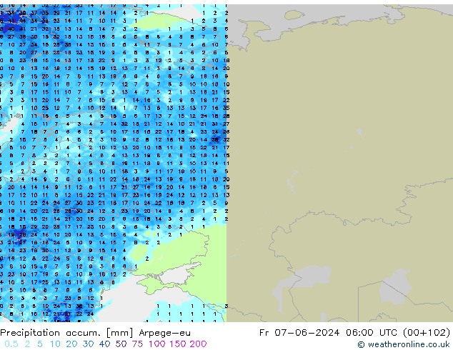 Precipitation accum. Arpege-eu Pá 07.06.2024 06 UTC