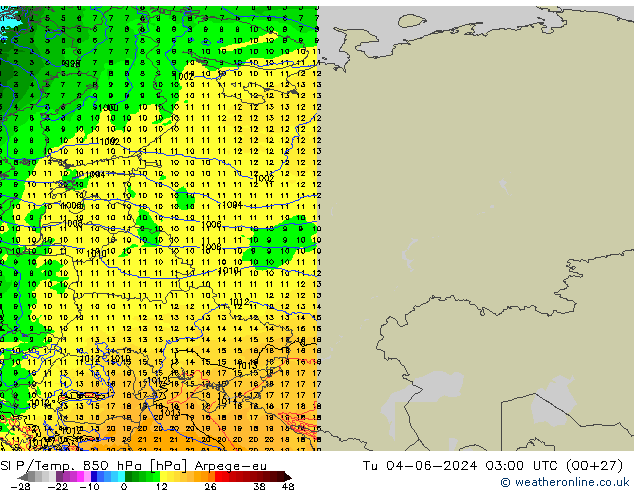 850 hPa Yer Bas./Sıc Arpege-eu Sa 04.06.2024 03 UTC