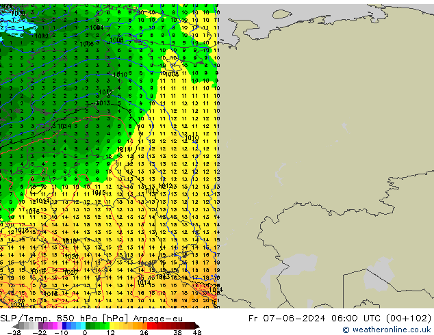 SLP/Temp. 850 hPa Arpege-eu Fr 07.06.2024 06 UTC