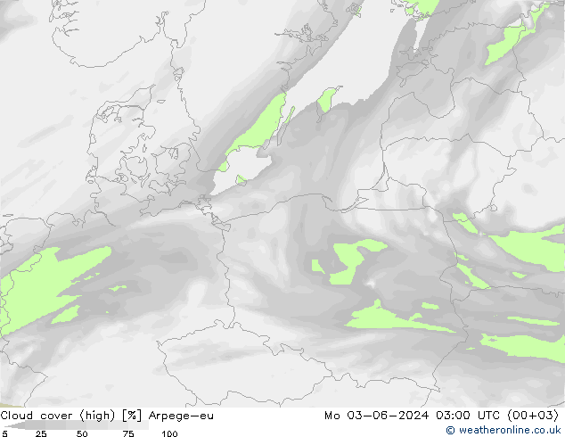 Cloud cover (high) Arpege-eu Mo 03.06.2024 03 UTC
