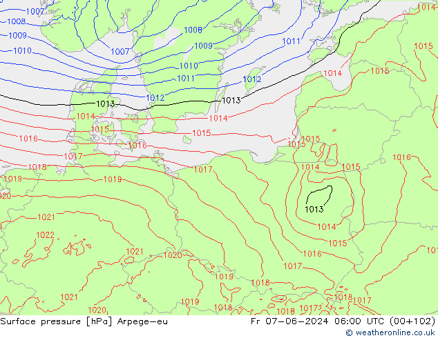 Atmosférický tlak Arpege-eu Pá 07.06.2024 06 UTC