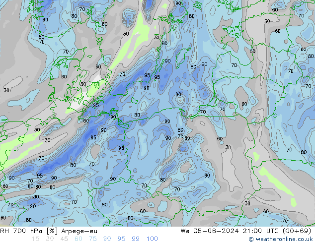 RH 700 hPa Arpege-eu St 05.06.2024 21 UTC