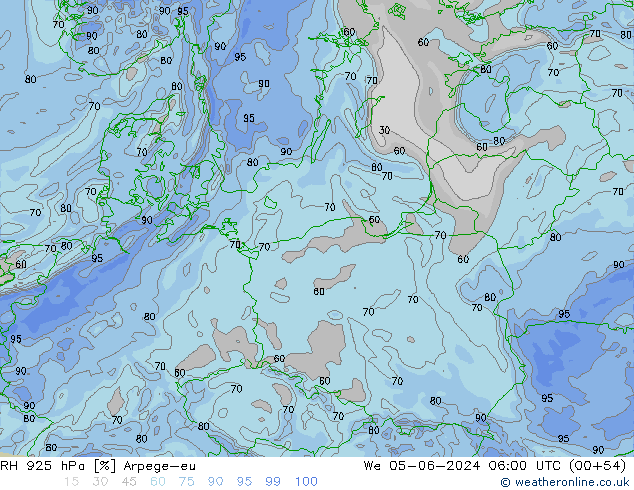 RH 925 hPa Arpege-eu mer 05.06.2024 06 UTC