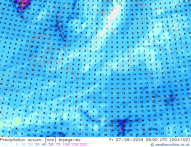 Precipitation accum. Arpege-eu Fr 07.06.2024 06 UTC