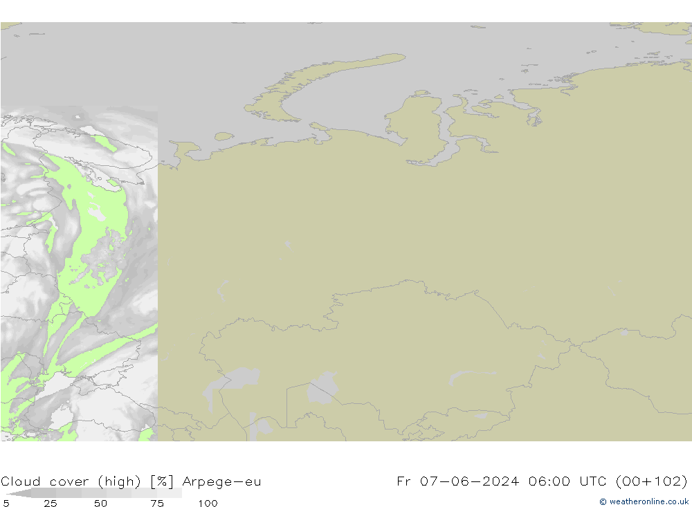 Cloud cover (high) Arpege-eu Fr 07.06.2024 06 UTC