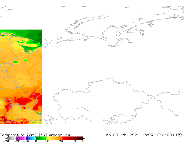 Temperature (2m) Arpege-eu Mo 03.06.2024 18 UTC