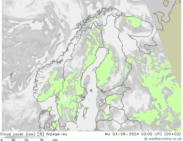 Cloud cover (low) Arpege-eu Mo 03.06.2024 03 UTC