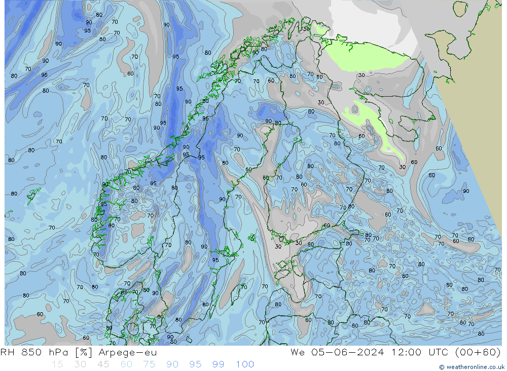 Humedad rel. 850hPa Arpege-eu mié 05.06.2024 12 UTC