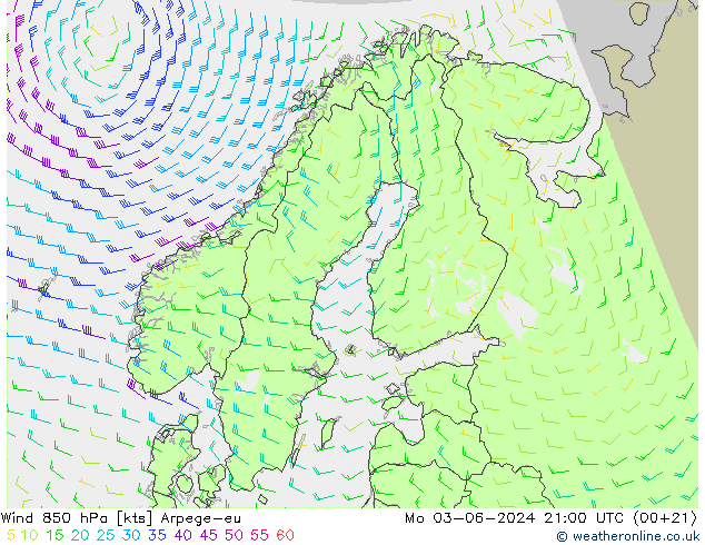 Vento 850 hPa Arpege-eu lun 03.06.2024 21 UTC