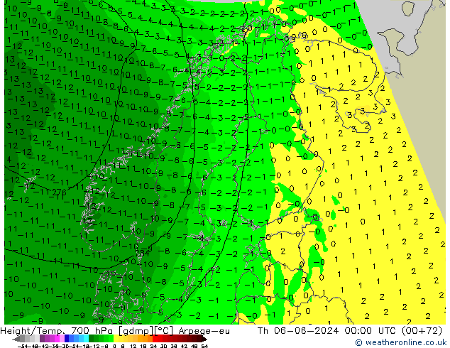 Height/Temp. 700 hPa Arpege-eu Do 06.06.2024 00 UTC